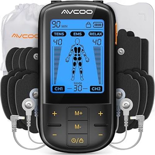 AVCOO 3-in-1 TENS Unit Muscle Stimulator with 30 Modes, 40 Intensities TENS Machine for Gradual Back Pain Relief Therapy, Rechargeable EMS Unit Massager with 12 TENS Electrode Pads, a Storage Bag