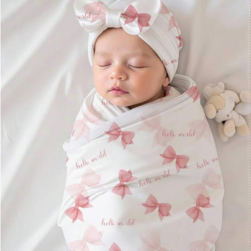 SHEIN 2Pcs Set Newborn Photography Swaddle Wrap Pink Bowknot Print Baby Girl Photo Props With Bow Turban Hat Newborn Blanket Fall Winter | SHEIN USA