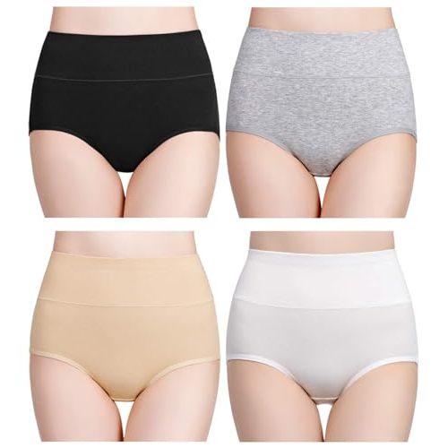 wirarpa Women's Cotton Underwear High Waisted Ladies Panties Full Coverage Briefs 4 Pack (Regular & Plus Size)