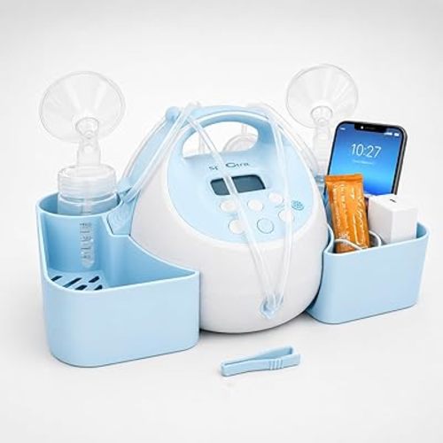 Breast Pump Caddy Compatible with Spectra S1 & S2, Snap-On Bottle Holder & Cord Organizer for Pumping Accessories, Nightstand & Countertop Storage (Light Blue)
