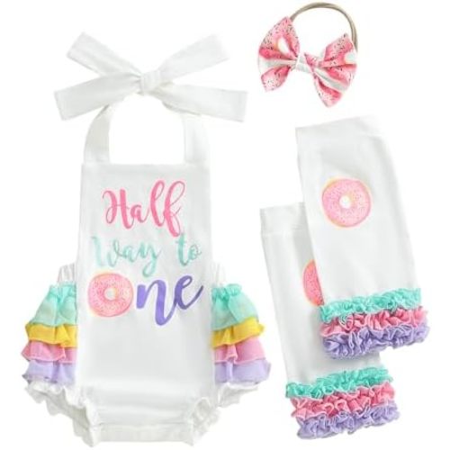 Baby Girl Half Birthday Outfit Half Way to One Donut Ruffle Romper Headband Leg Warmers 6 Month Birthday Set