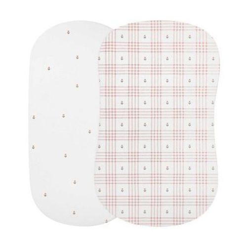 Ely's & Co. Waterproof Bassinet Sheets 2-Pack, Baby Girl Pink Floral Plaid, 100% Cotton, 32 x 16 in