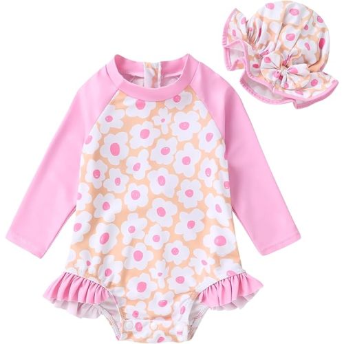 Infant Baby Girl Swimsuit One-Piece Long Sleeve Rash Guard with Hat Set Floral Zipper Bathing Suit Leopard Beach Wear