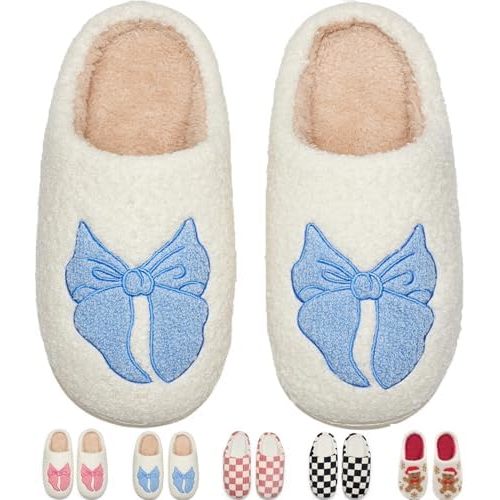 Cute Bow House Slippers Memory Foam Fuzzy Shoes for Women Non-Slip Warm Indoor Outdoor