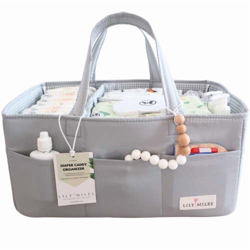 Lily Miles Diaper Caddy Organizer with 8 Pockets, Wipeable Baby Caddy Basket for Diapers and Wipes, Baby Registry Favorites, Nursery Tote Bag for Changing Table or Car (Heather Grey, Large)