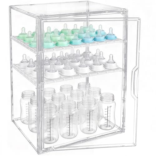 GRETJOB Baby Bottle Organizer, 3-Tier Adjustable Clear Acrylic Storage Station with Drawer & Magnetic Door for Countertop/Cabinet, Holds Bottles, Nipples, Pump Parts, Food Jars