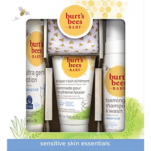 Burt's Bees Sensitive Skin Essentials, 4 Baby Products, Foaming Shampoo & Wash, Ultra Gentle Lotion, Diaper Rash Ointment and 100% Cotton Washcloth, 1 Count