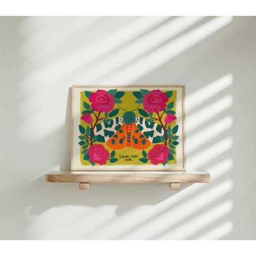 Botanical Moth Print, Garden Tiger Moth and Roses, Nature Lover Gift