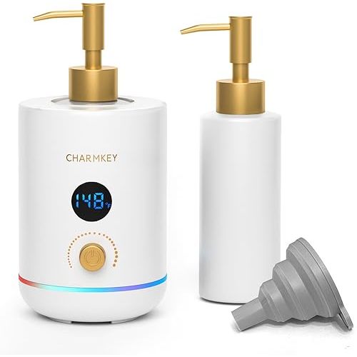 CHARMKEY Massage Oil Warmer White, 2 Oil Bottle Dispensers & 2 Silicone Funnels, Digital Heater for SPA, Oil Lotion Cream for Salon, Barber Shops, Home