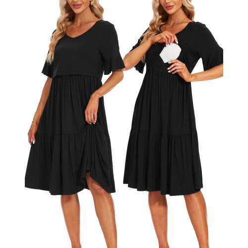 Women's Short Sleeve Ruffle Maternity Nursing Dresses for Breastfeeding