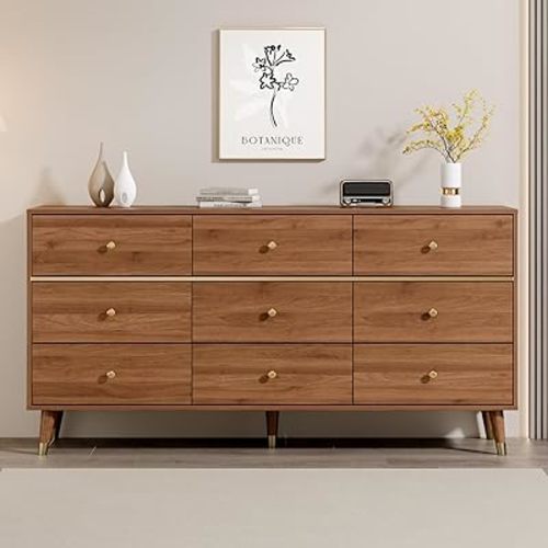 9 Drawer Dresser,63" Wide Mid Century Modern Chest of Drawers,Wooden Bedroom Drawer Dresser with 9 Storage Drawers for Bedroom, Living Room,with Anti-Tipping Device,Chestnut