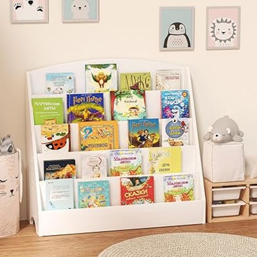 Kids Bookshelf, Children Book Storage Organizer, Kids Bookcase for Bedroom, Living Room, Playroom, Nursery, 5 Tier Sling Toddler Baby Wooden Book Display Shelves, White