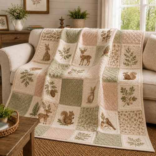 Woodland Animals Patchwork Quilt Blanket, Vintage Forest Nursery Bedding, Bunny Deer Squirrel Cottagecore Throw, Farmhouse Gift