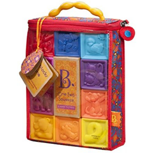 B. toys – One Two Squeeze Baby Blocks - Building Blocks for Toddlers – Educational Baby Toys 6 months and up with Numbers, Shapes, Animals & Textures – 10 Soft & Colorful Stacking Blocks – BPA free