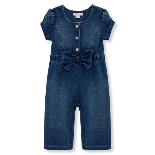 Bow Front Puff Sleeve Cotton Blend Knit Denim Jumpsuit