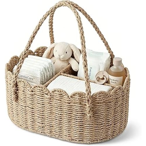 Diaper Caddy Organizer, Paper Rope Storage Baskets Nursery Bin with Removable Divider, Portable Car Organizer for Diapers, Baby Shower Gifts, Newborn Essentials Must Haves (Beige)