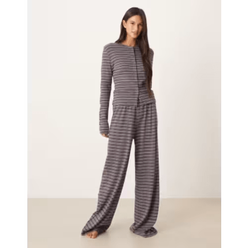 ASOS DESIGN ribbed wide leg pants in gray & blue stripes