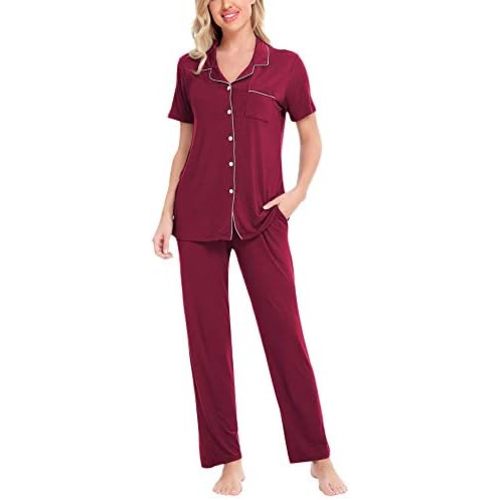 SWOMOG Women Pajama Sets Two-Piece Nightwear Short Sleeve Sleepwear Button Down Pj Lounge Sets with Long Pants