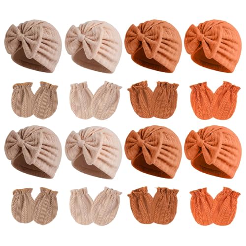 Newborn Baby Girl Hats Mittens Set Cotton Hospital Bow Hat Beanies Caps Gloves for New Born Girls 0-6 Months