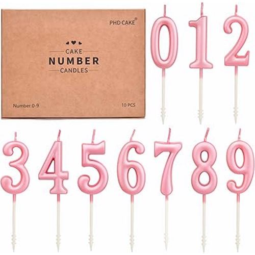 PHD CAKE 10-Pieces Pink Numeral Birthday Candles, Cake Numeral Candles Number 0-9 Glitter Cake Topper Decoration for Birthday,Wedding Anniversary,Party Celebration