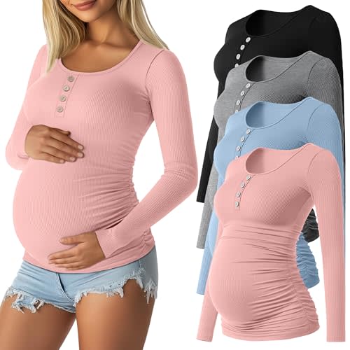 4 Pack Maternity Long Sleeve Shirts Pregnancy Tops | Ribbed Knit Shirt, 92% Cotton Pregnancy Tops for Womens, Scoop Neck Mama Clothes, Henley Neck, Side Ruched, Winter 2026