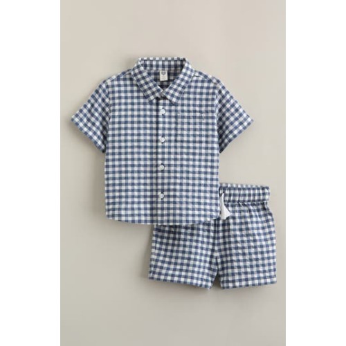 Seersucker Short Sleeve Button-Up Shirt & Drawstring Shorts Set, 3M