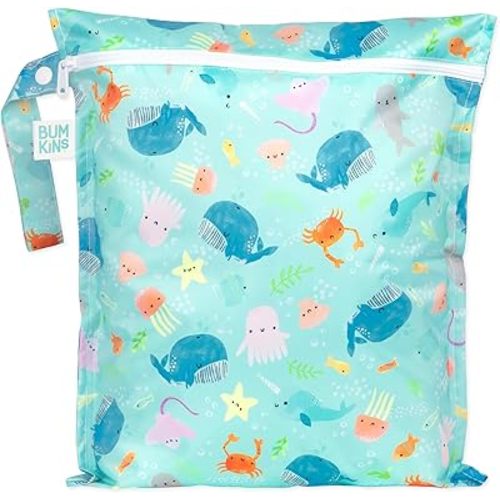 Bumkins Waterproof Wet Bag for Baby, Travel, Swim Suit, Cloth Diapers, Pump Parts, Pool, Beach, Gym Clothes, Toiletry, Hook to Stroller, Daycare, Zipper Reusable Wetdry Packing Pouch, Ocean Life Blue