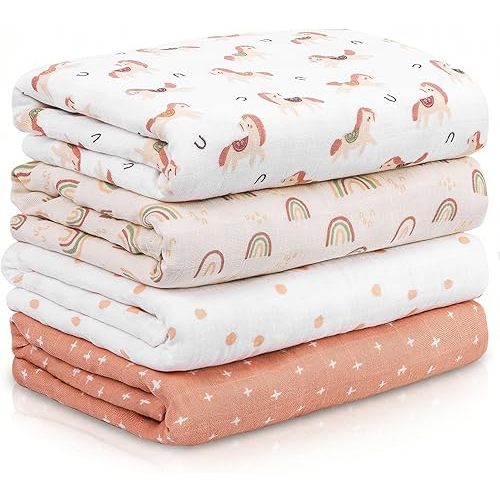 CIVARUA KIDS Muslin Swaddle Blankets for Newborn, 4 Pack Cotton Baby Blankets, Large 31.5 x 43.3 inch Breathable Soft Receiving Blanket, Essentials Swaddle Wrap Burping Clothes, Orange Rainbow Horse