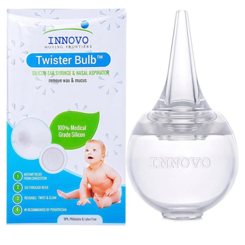 Innovo FSA/HSA Eligible Hospital Grade Silicone Twister Bulb Baby Ear Syringe and Nasal Aspirator, Sucks Snot and Mucus, Cleanable and Reusable, Clear