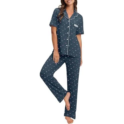 Bloggerlove 100% Cotton Pajamas for Women Set 2 Piece Short Sleeve Women's Sleepwear with Long Pant Button Down Lounge Sets