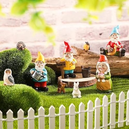 Jetec 10 Pcs Mini Fairy Gnomes Statue Garden Accessories Kit Miniature Garden Resin Gnomes Hand Painted Squirrel Hedgehog Owl Bird and Bucket Ornament for Christmas Yard Lawn Home Outdoor Decoration