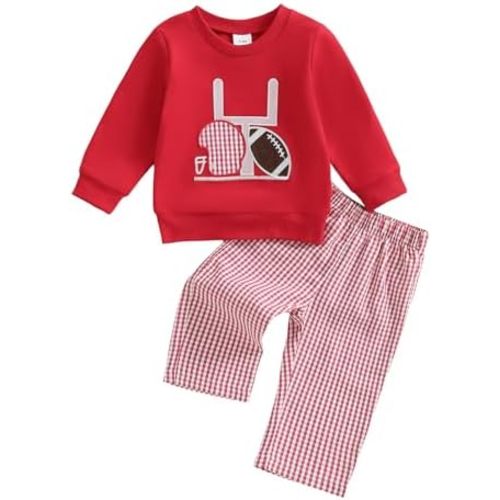 Toddler Baby Boy Rugby Outfit Long Sleeve Smocked Sweatshirt Tops Gingham Plaid Pants Two Piece Football Clothes