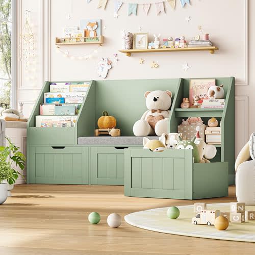 FOTOSOK 55.1’’ Kids Bookshelf with Reading Nook, Toy Storage Organizer with Seat Cushion and 3 Movable Drawers, Kids Reading Nook Toy Organizers and Storage with Bench for Playroom, Bedroom, Green