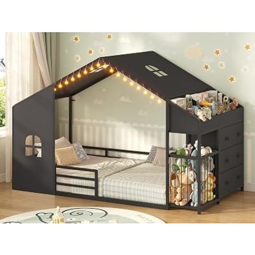 UPOSOJA Montessori Twin Size Floor Bed, House Shape Bed, Tent, Children's Night Light, Toy Storage Cabinets, Drawer, Picture Book Section for Kids Teens Girls Boys