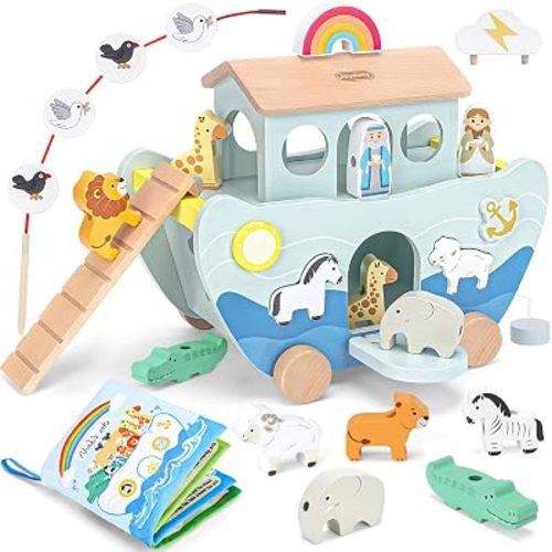 Wooden Noah's Ark Toy for 1-3 Year Old Baby Boy Girl Baptism Gifts