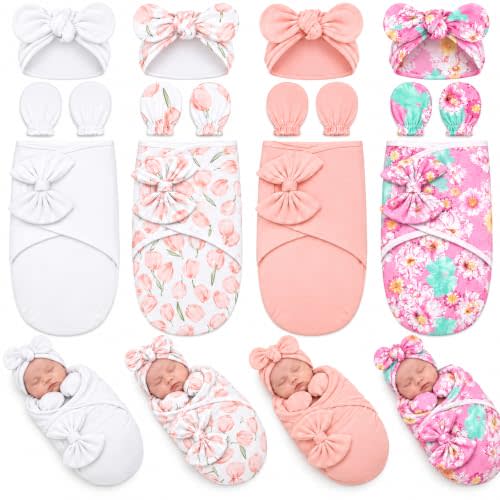 4 Pack Baby Swaddle Blanket with Hats Mittens, 0-3 Months, Floral Style | Soft 100% Cotton for Infant Boys Girls, Adjustable Wrap for Newborns Gifts, Turban Cap Featuring Bow, No Scratch Mittens