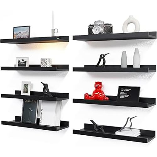 RICHER HOUSE Floating Wall Mounted Shelves, 8pc Set with Lip - Black Nursery Book Shelves for Bedroom, Bathroom, Kitchen Decor Storage
