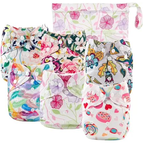 Babygoal Cloth Diaper Cover for Girls,Baby Adjustable Reusable Covers for Fitted Diapers and Prefolds, 6pcs Baby Clothes Covers+One Wet Bag 6DCF04