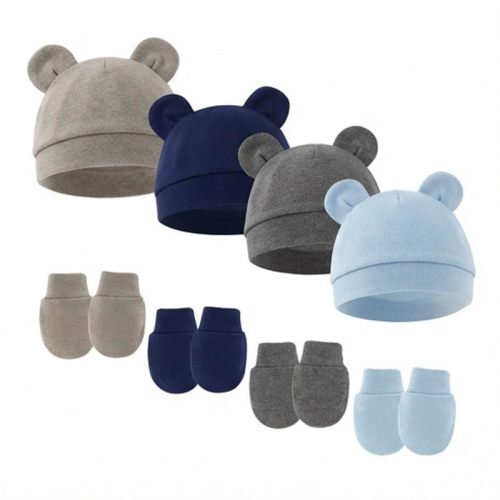 Newborn Baby Hats and Mittens Set with Bear Ears,4 Pack High Elasticity No Scratch,Infant Beanie for 0-6 Months Boys Girls