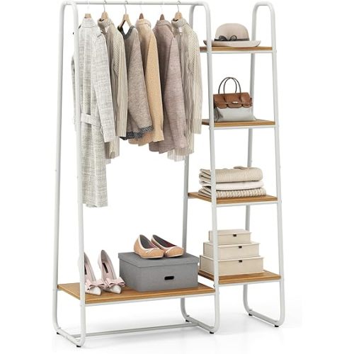 COSTWAY Clothes Rack with Shelves, Heavy Duty Garment Rack with Hanging Rod, 5-tier Shelves, Adjustable Foot Pads, Closet Organizer, Freestanding Wardrobe Clothing Racks for Hanging Clothes (White)