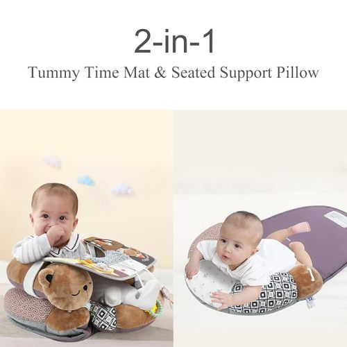 Lovvie & Joy 2-in-1 Tummy Time Mat & Seated Support Pillow,Baby Tummy Time Pillow Support for Newborns and Older Babies,with Detachable Support Pillow and Toys Bear