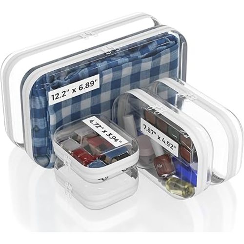 Extra Durable Mini Clear Hard Shell Zipper Case 6 Pack, 2x 12" Large, 2x 8" Medium, 2x 5" Small, Clear Travel Makeup Case, Hard Plastic Toiletry & Cosmetic Bag, Zippered Make Up Organizer Pouch