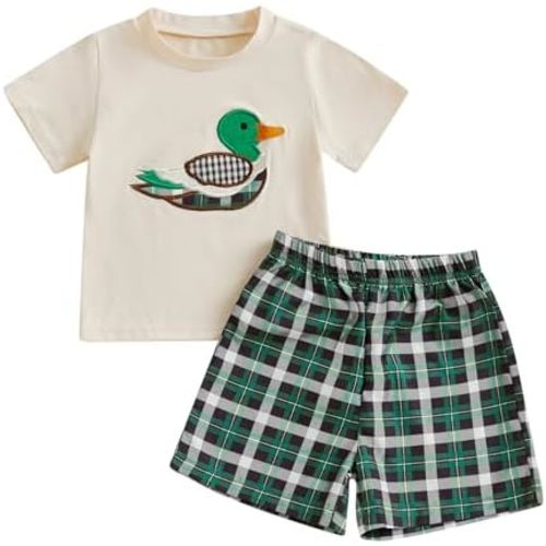 Arvbitana Toddler Baby Boy Hunting Outfit Summer Short Sleeve Mallard Duck T-shirt Checkered Plaid Shorts Two Piece Clothes