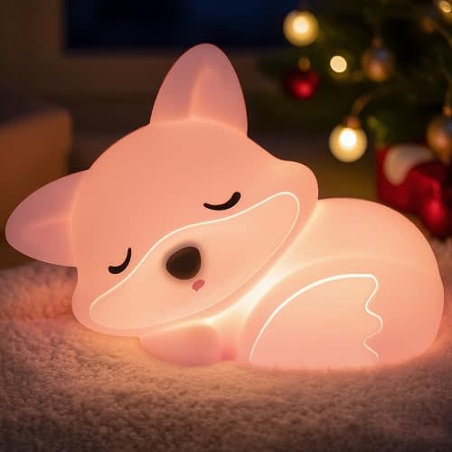 OkiyiD Pink Fox Night Light Toy Gifts for Girls, Cute Fox Squishy Lamp for Daughter Gifts, Dimmable Rechargeable Silicone Animal Night Light, Sweet Birthday Xmas Gift for Girls Room Pink Decor