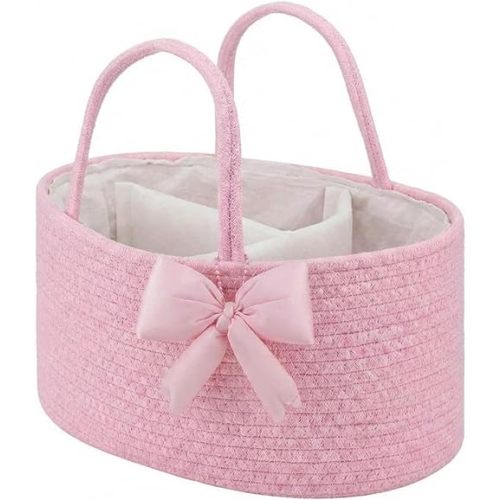 Pink Bow Baby Diaper Caddy Organizer Baby Gift Bag with Handle Nursery Diaper Basket Organizer for Newborn Boy and Girl Storage Bin for Diapers Wipes New Mom Gift