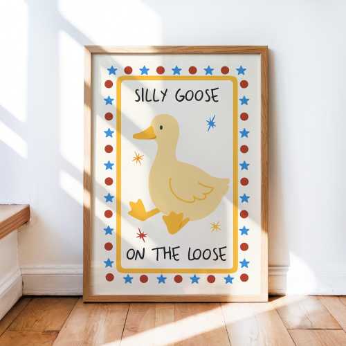 Silly Goose On The Loose Print, Duck Illustration, Nursery Art, Trendy Wall Art, Boho Playroom Child Art, Quirky Retro Cottage Core Decor