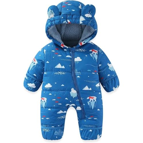JiAmy Baby Snowsuit Baby Printed Winter Clothes With Flod-Over Girl Boy Hooded Outfits Jumpsuit Coat