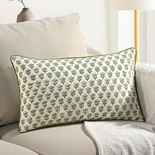 CPC Emerald Green 100% Cotton Block Print Sham Cover 12x20 inch, Handmade Boho Floral Pillowcase, Farmhouse Cottagecore Bedding, Soft Decorative Cushion Cover for Bedroom Décor