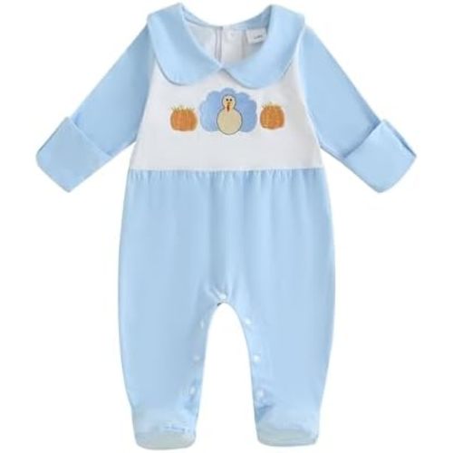 woshilaocai Baby Fall Outfit Boy Girl Plaid Embroidered Collar Romper Footie Infant Halloween Clothes