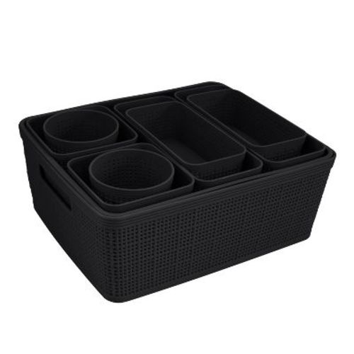 Simplify 10pc Plastic Jute Organizers Black: Universal Storage Utility Set, Polypropylene, Spot Clean, Matte Finish